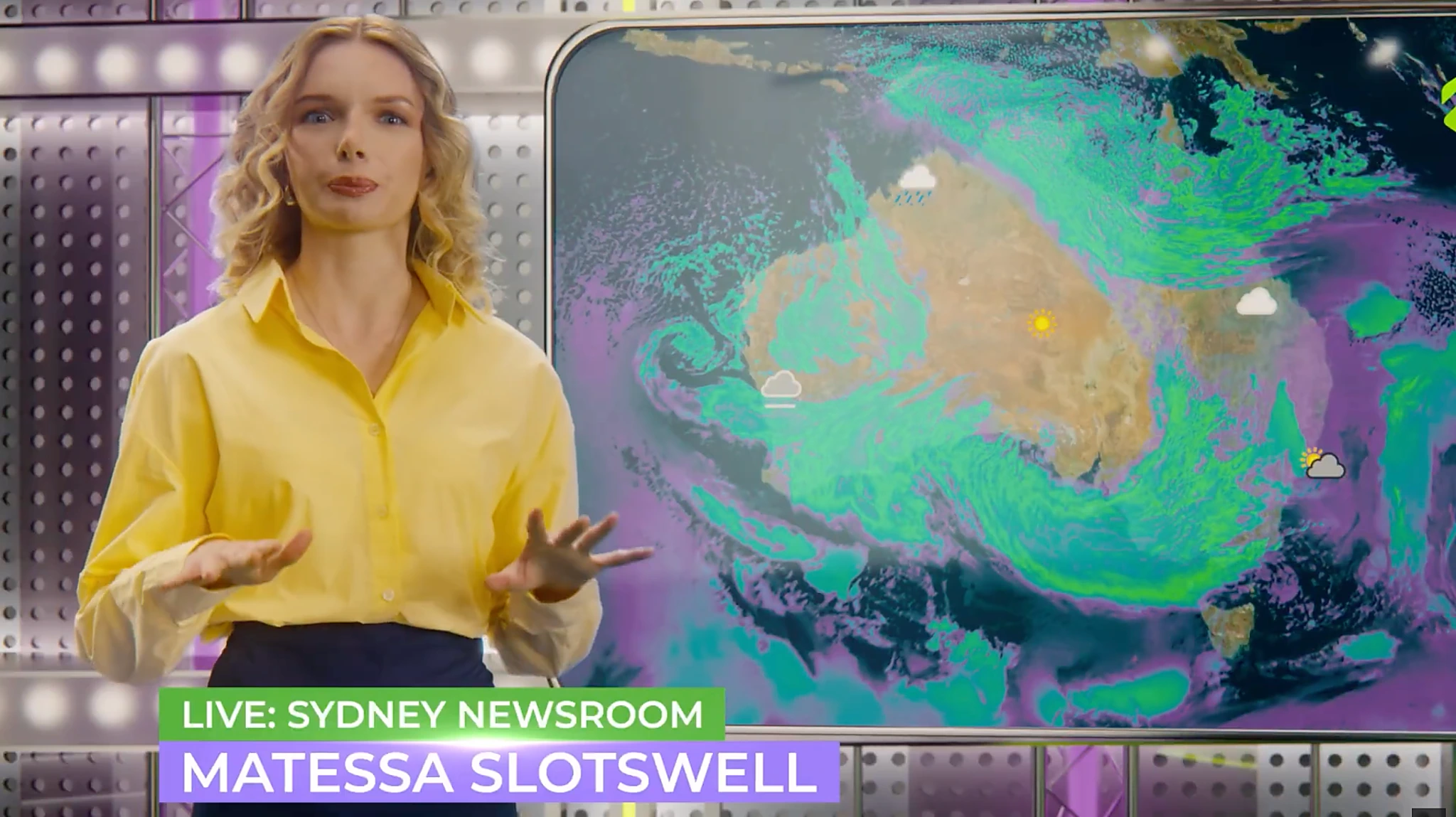 MateSlots television-style weather news campaign visual